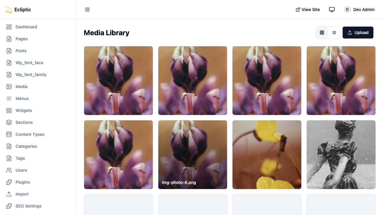 EmDash media library showing image grid with upload button